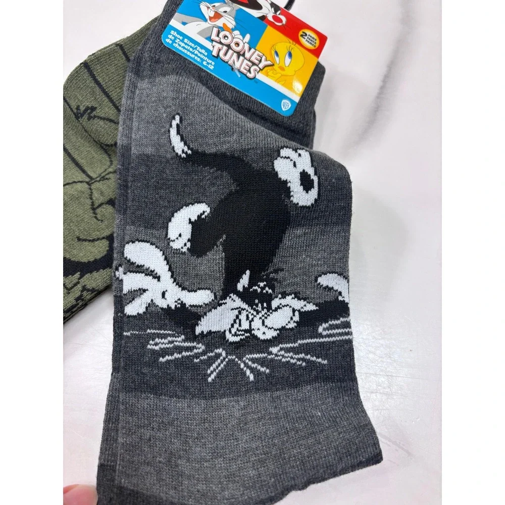 Looney Tunes Mens Crew Socks 2 Pack Tasmanian Devil Sylvester Grey Green 6-12